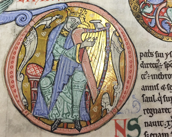 Medieval depiction of King David playing his harp.